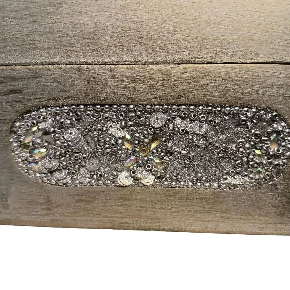 Sparkly Jewlery Box Silver With Sequins & Rhinestones Lightweight Wood 7 x 5 x 3